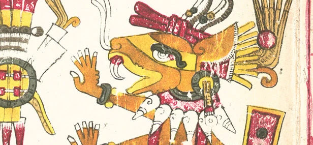 Dibujo de Huehuecoyotl deidad descrita en el Codex Borgia