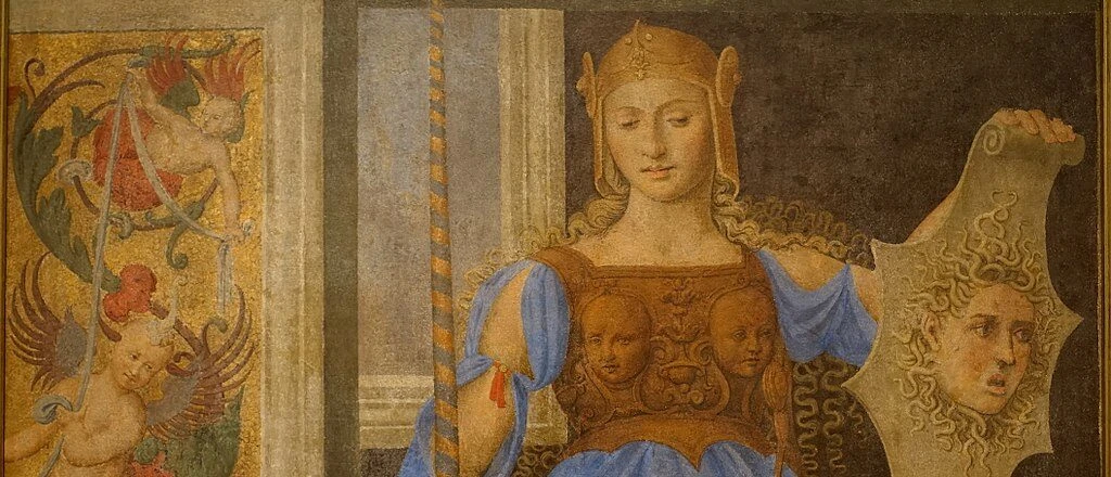Diosa romana Minerva diosa de la sabiduría, inteligencia y estrategia militar de Girolamo Genga