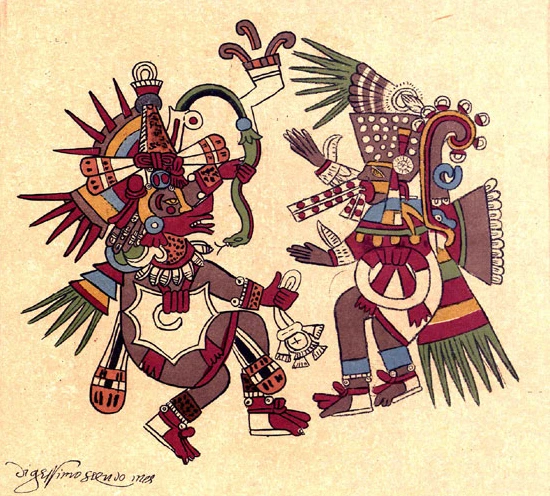 Dises aztecas Quetzalcoatl y Tezcatlipoca dibujo del códice borbónico del siglo XV.