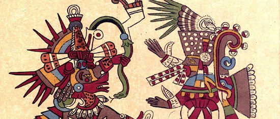 Dises aztecas Quetzalcoatl y Tezcatlipoca dibujo del códice borbónico del siglo XV.